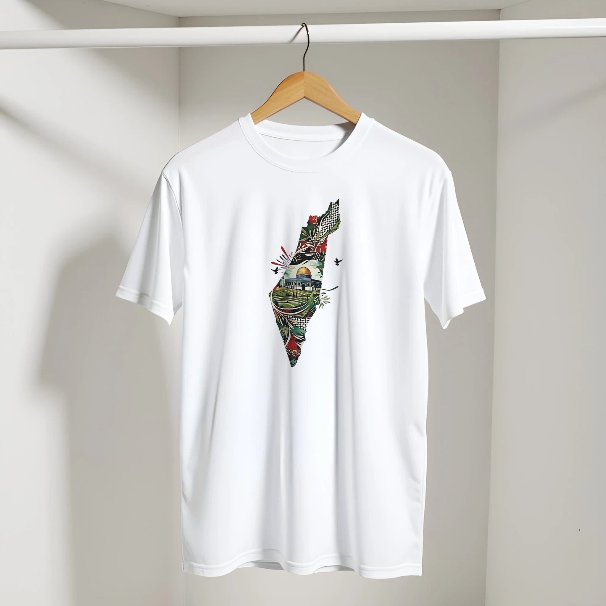 Palestine Dome Olive Branches Keffiyeh Tee in White, Arabic graphic design by Cairo NYC